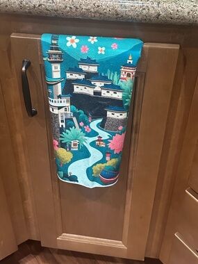 Scenic Japanese-Inspired Kitchen Towel in Teal and Pink and green